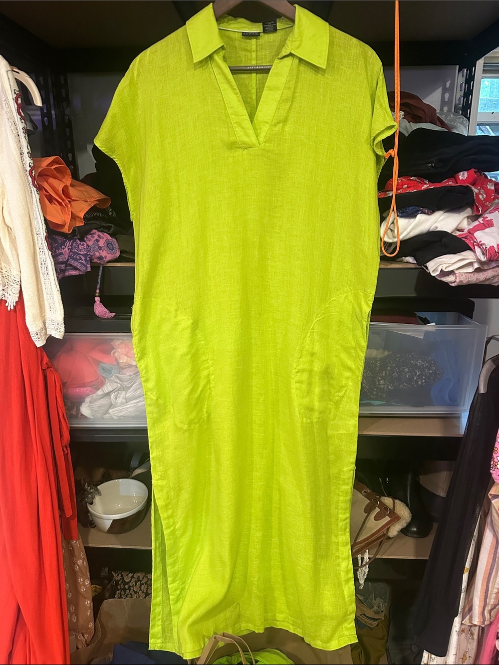 Tahari small Lime Green linen V-Neck Dress coverup
